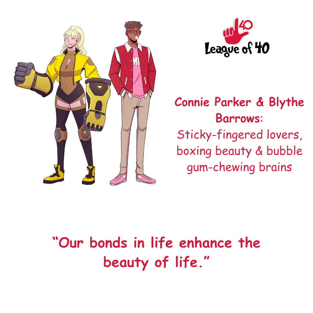 A blonde girl with mechanical gauntlets stands next to a boy in a red jacket blowing bubble gum.